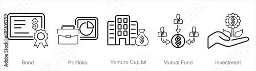 A set of 5 Investment icons as bond, portfolio, venture capital