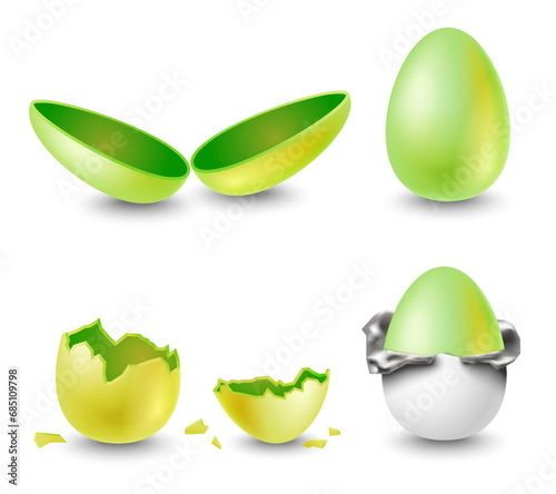 Opened and closed, wrapped and cracked golden egg isolated set