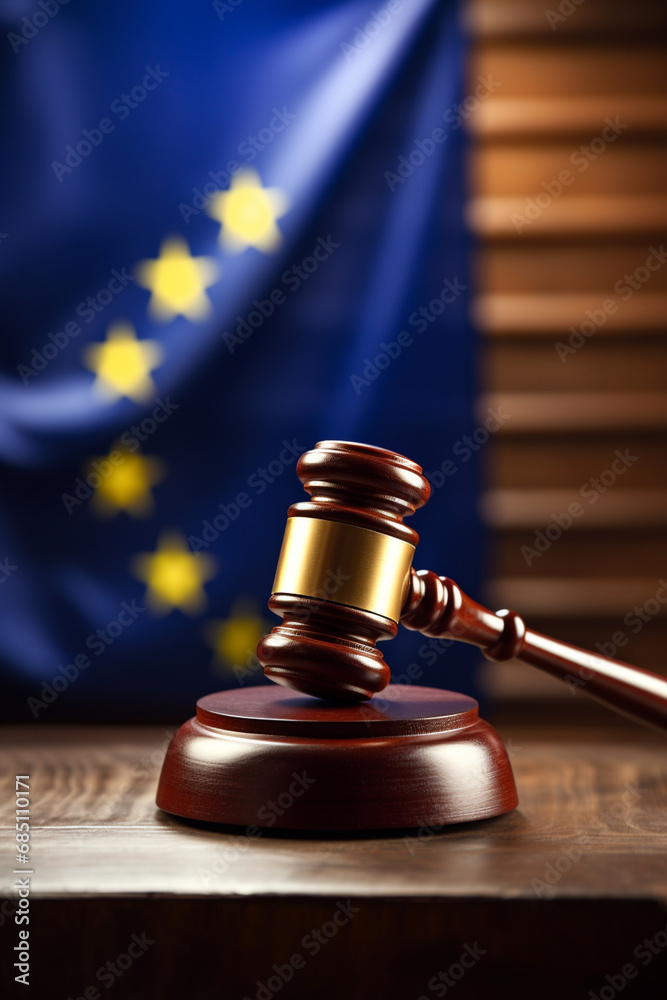 Judge's gavel on wooden table and European Union flag.Generative AI