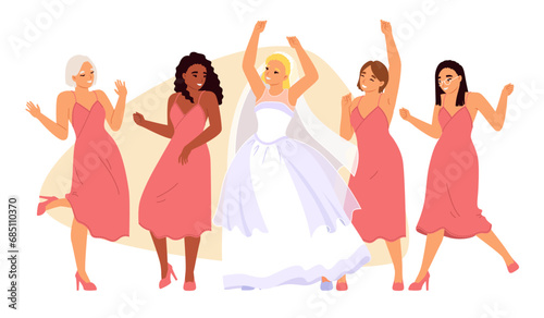 Hen party celebration scene with bride and friends dancing