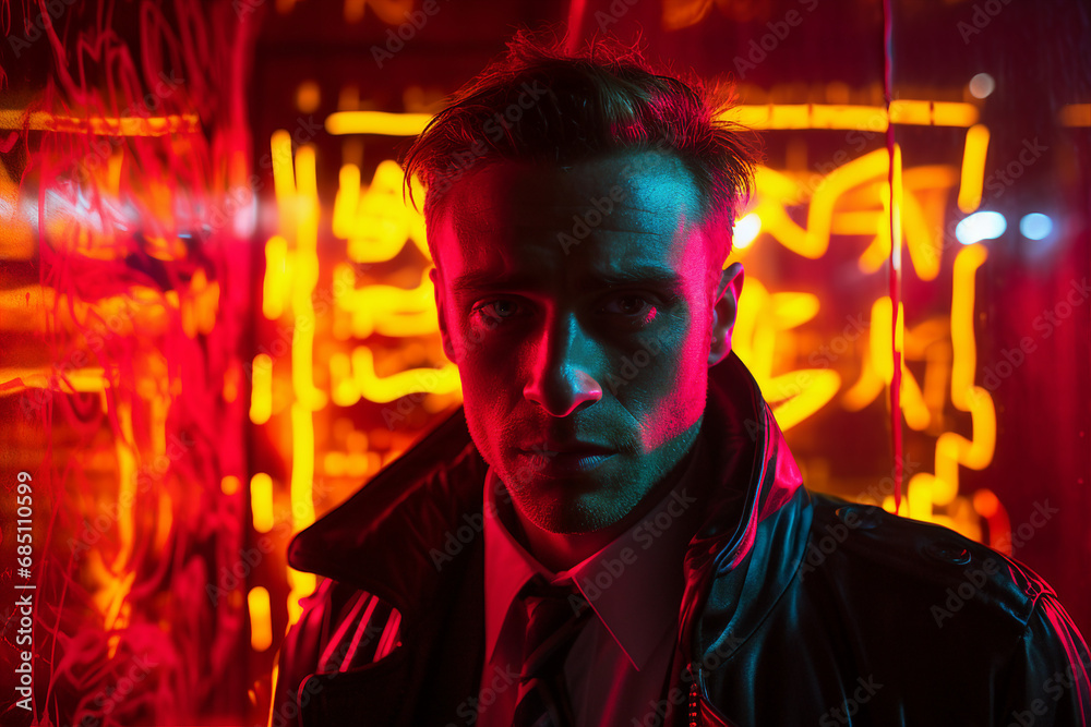 Generative AI image of happy man walking in evening illuminated city neon lights colors Generative AI image of happy man walking in evening illuminated city neon lights colors