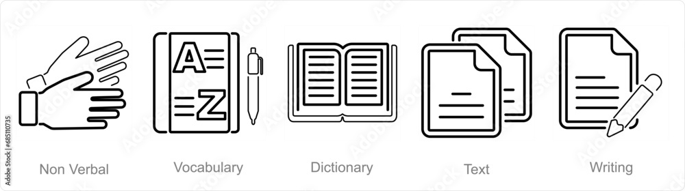 A set of 5 Language icons as non verbal, vocabulary, dictionary A set of 5 Language icons as non verbal, vocabulary, dictionary
