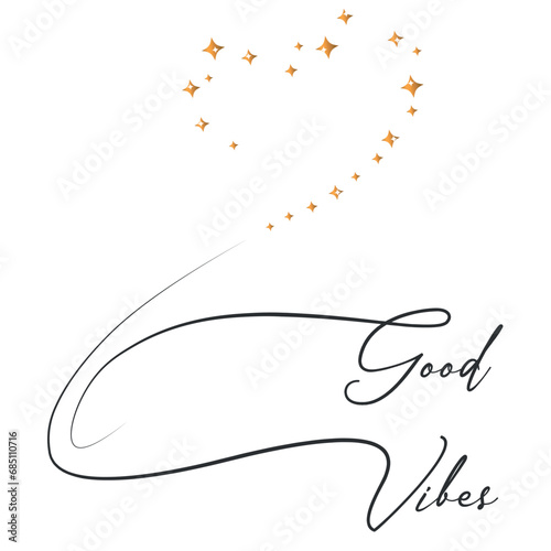 decorative good vibes slogan with heart made of golden stars on white background, vector design with line transforming into stars