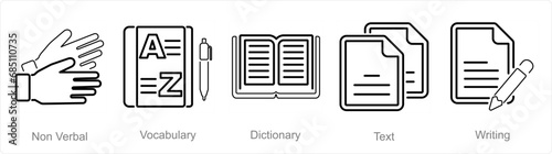 A set of 5 Language icons as non verbal, vocabulary, dictionary