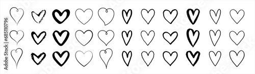 Hand drawn linear hearts set. Various brush, chalk, marker, ink drawn heart shapes. Artistic lines, outlines. Valentine's day uneven, textured edge doodle templates. Graphic design elements collection