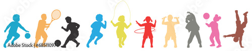 Happy sports children playing games colorful silhouette isolated set photo
