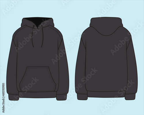 Hoodie technical fashion illustration. hoodie vector template illustration. front and back view. oversized.  unisex. CAD mockup.