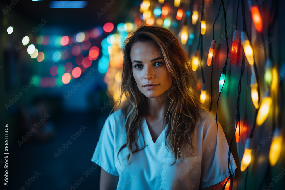 Generative AI picture of beautiful woman standing in hospital decorated for christmas and new year holidays Generative AI picture of beautiful woman standing in hospital decorated for christmas and new year holidays