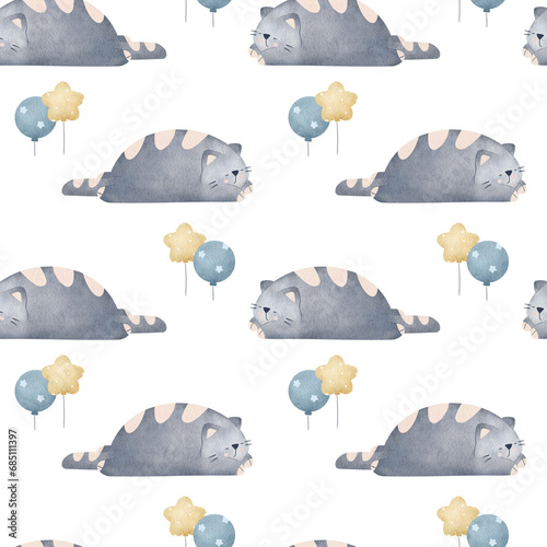 Watercolor sleeping cats and balloons seamless pattern. Lazy chubby kitty taking a nap hand drawn painting. Funny pets print design isolated on white background.