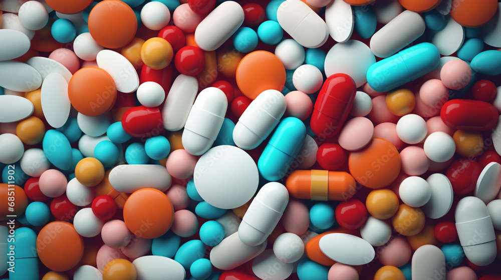 various pills scattered on the background.Generative AI
