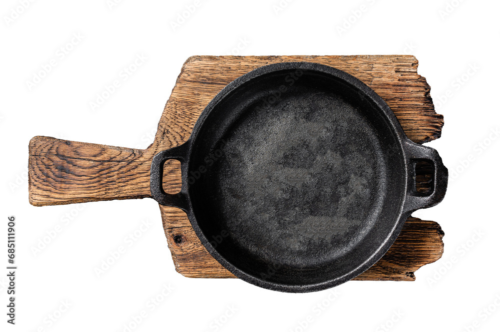 Cooking background with Empty cast-iron skillet on rustic towel