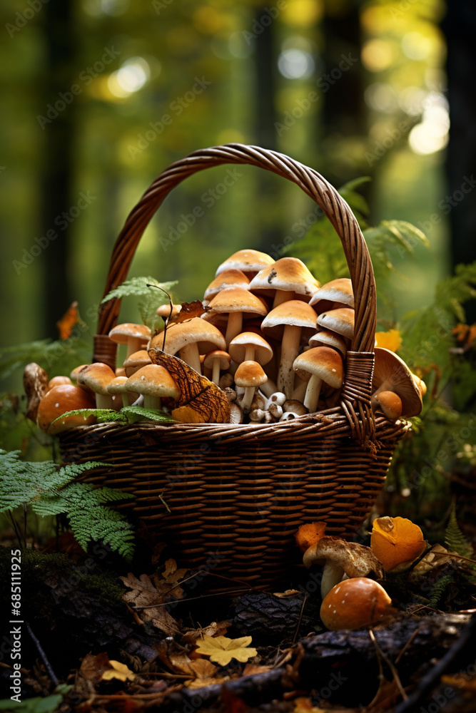 A basket with mushrooms. The concept of collecting mushrooms outdoors in the forest.Generative AI A basket with mushrooms. The concept of collecting mushrooms outdoors in the forest.Generative AI