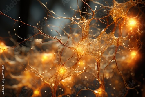 A close-up of golden, luminous neural or fungal networks with glowing orbs and particles against a dark backdrop photo
