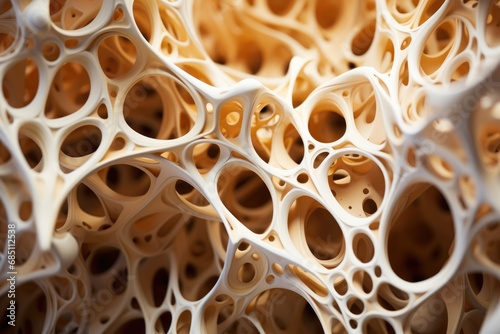 Organic of coral-like structures with porous textures and curling orange accents on a cream backdrop