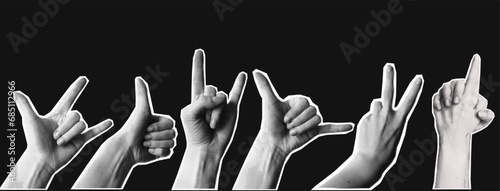 Collage hands on black background. Vintage vector set. Retro halftone effect. Gesture of like, victory, goat, rock, love, call, gun gesture