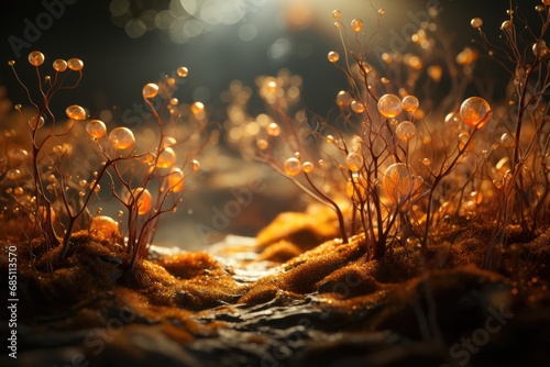 Magical sunlit forest floor with delicate, translucent fungi and moss, evoking a magical, miniature landscape. Abstract artwork.  photo