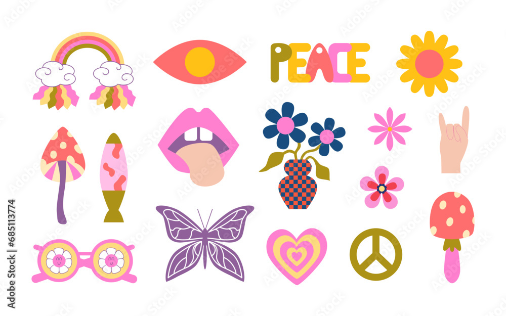Retro groovy stickers and doodles. Good vibes. Rainbow, psychedelic mushrooms, groovy flowers, eyes, butterfly, hypnotic heart.