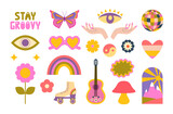 Retro groovy hippie stickers and doodles. Stay groovy. Rainbow, psychedelic mushrooms, groovy flowers, eyes, butterfly, roller skate, guitar.
