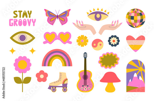 Retro groovy hippie stickers and doodles. Stay groovy. Rainbow, psychedelic mushrooms, groovy flowers, eyes, butterfly, roller skate, guitar.
