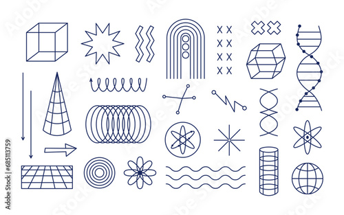 Abstract geometric Y2k shapes and figures. Futuristic minimalist elements. Retro line art.