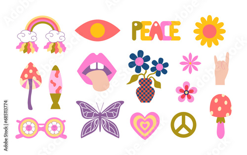 Retro groovy stickers and doodles. Good vibes. Rainbow, psychedelic mushrooms, groovy flowers, eyes, butterfly, hypnotic heart.