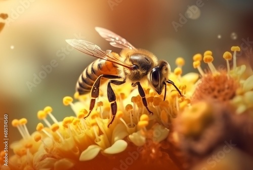 a honey bee is working hard and pollinating flowers. generative ai © LivroomStudio