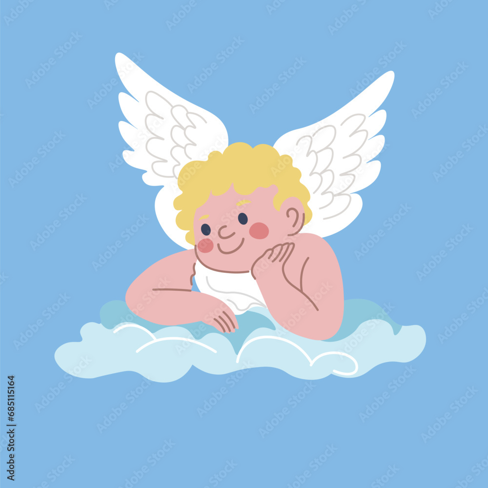 Adorable angel boy with wings sitting on cloud Adorable angel boy with wings sitting on cloud
