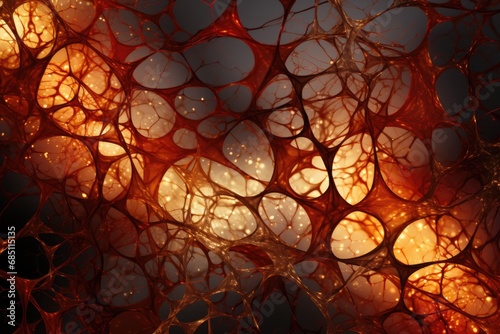 Vivid depiction of a cellular network with warm, glowing tones, resembling an organic close-up or a fiery nebula photo