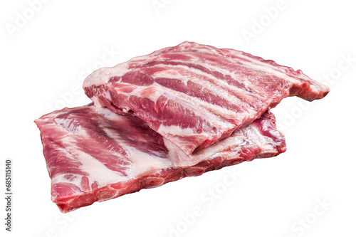 Raw pork spare loin ribs St Louis on wooden board with herbs.  Transparent background. Isolated.