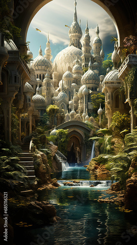 Golden Domes of Wonder: A Fantasy City by a Blue River © Moon