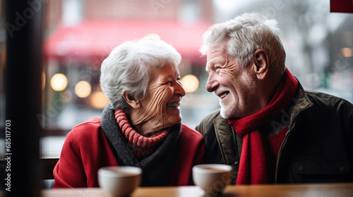 A sweet moment of an elderly couple sharing a cup of coffee at a caf    Valentine   s Day  elderly couple  bokeh  with copy space
