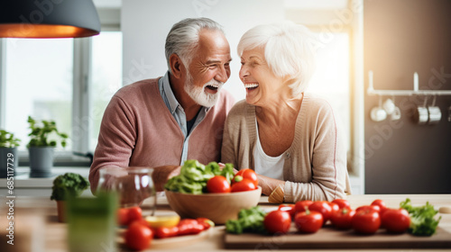 An elderly couple laughing together while cooking a meal  Valentine   s Day  elderly couple  bokeh  with copy space