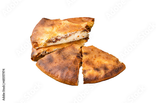 Traditional Ossetian pie sliced on a plate.  Transparent background. Isolated.