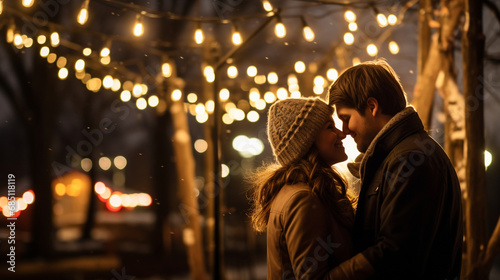 A couple sharing a gentle kiss under a canopy of string lights, Valentine’s Day, happy couple, bokeh, love, with copy space
