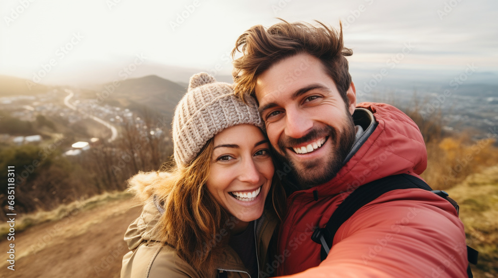 A couple taking a fun selfie with a beautiful landscape in the background, Valentine’s Day, happy couple, bokeh, love, with copy space