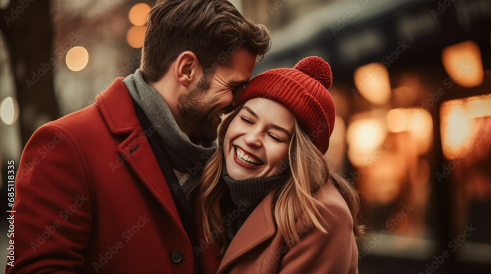 A fun shot of a couple in matching outfits, Valentine’s Day, happy couple, bokeh, love, with copy space A fun shot of a couple in matching outfits, Valentine’s Day, happy couple, bokeh, love, with copy space