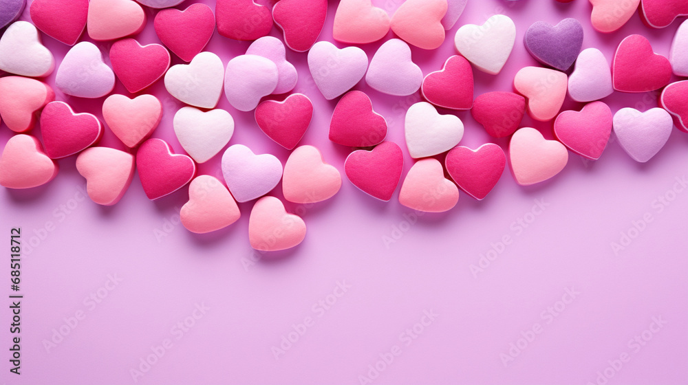 A field of heart-shaped candies spread on a vibrant background, Valentine’s Day, heart background, with copy space A field of heart-shaped candies spread on a vibrant background, Valentine’s Day, heart background, with copy space