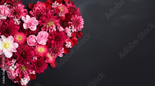 A heart-shaped wreath made of red and pink flowers, Valentine’s Day, heart background, with copy space