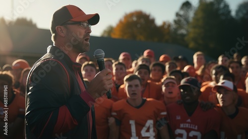 Inspiring high school football coach delivering a passionate speech, promoting leadership and motivation to a captivated sports team
