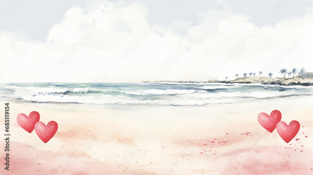 Fototapeta premium A romantic beach scene with hearts in the sand, Valentine’s Day, watercolor style, white background, with copy space