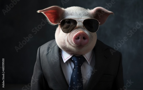 pig animal in the form of a man in a suit and sunglasses, a joke on the boss, director, bad leader, manager generative ai