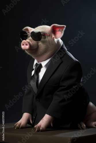 pig animal in the form of a man in a suit and sunglasses, a joke on the boss, director, bad leader, manager generative ai