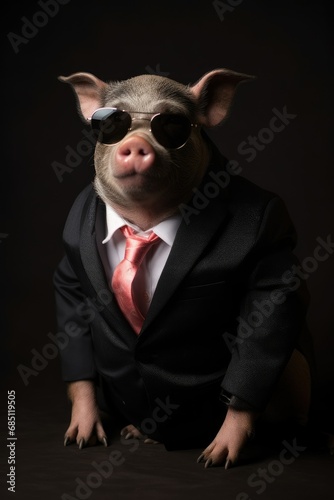 pig animal in the form of a man in a suit and sunglasses, a joke on the boss, director, bad leader, manager generative ai photo