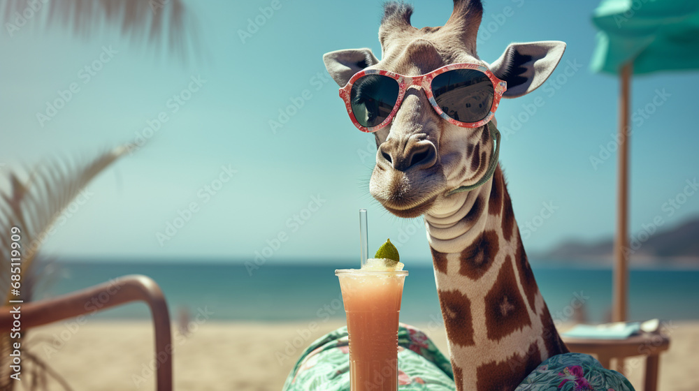 giraffe in glasses on the beach drinking a cocktail.Generative AI - obrazy, fototapety, plakaty 
