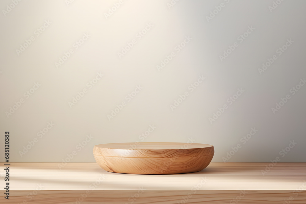 Small empty minimal wooden podest in front of white wall. Product display background Small empty minimal wooden podest in front of white wall. Product display background