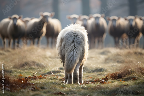 Back view of wild wolf or dog in front of herd of livestock sheep photo