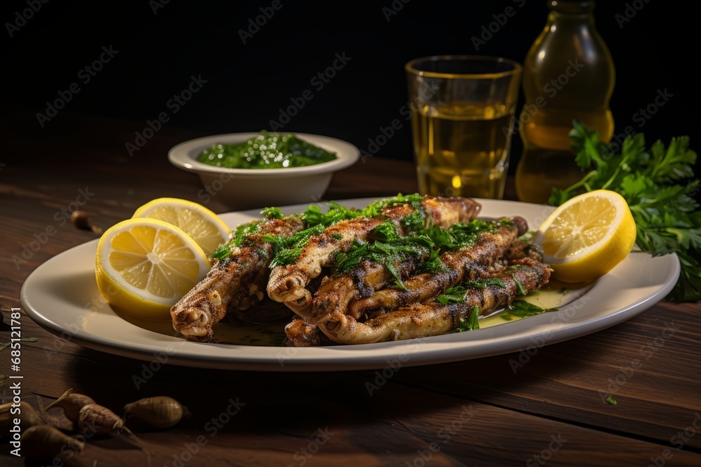 A Close-Up Shot of a Plate of Gourmet Frogs' Legs, Served with a Side of Lemon and Parsley, on a Rustic Wooden Table in a French Bistro