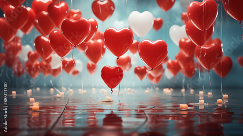 Bunch of red and white hearts floating in air with candles around them and blue background with white and red balloons. © Damian