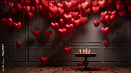 Table with candles and red hearts floating in room with dark wall. Concept love, celebration, valentine's day. Advertising, Marketing, Promotion.
