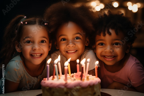 Three children are smiling and looking at a birthday cake with lit candles on it. photo